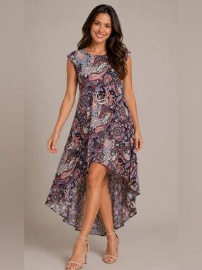 Asymmetrical Paisley Print Dress in Pink and Blue